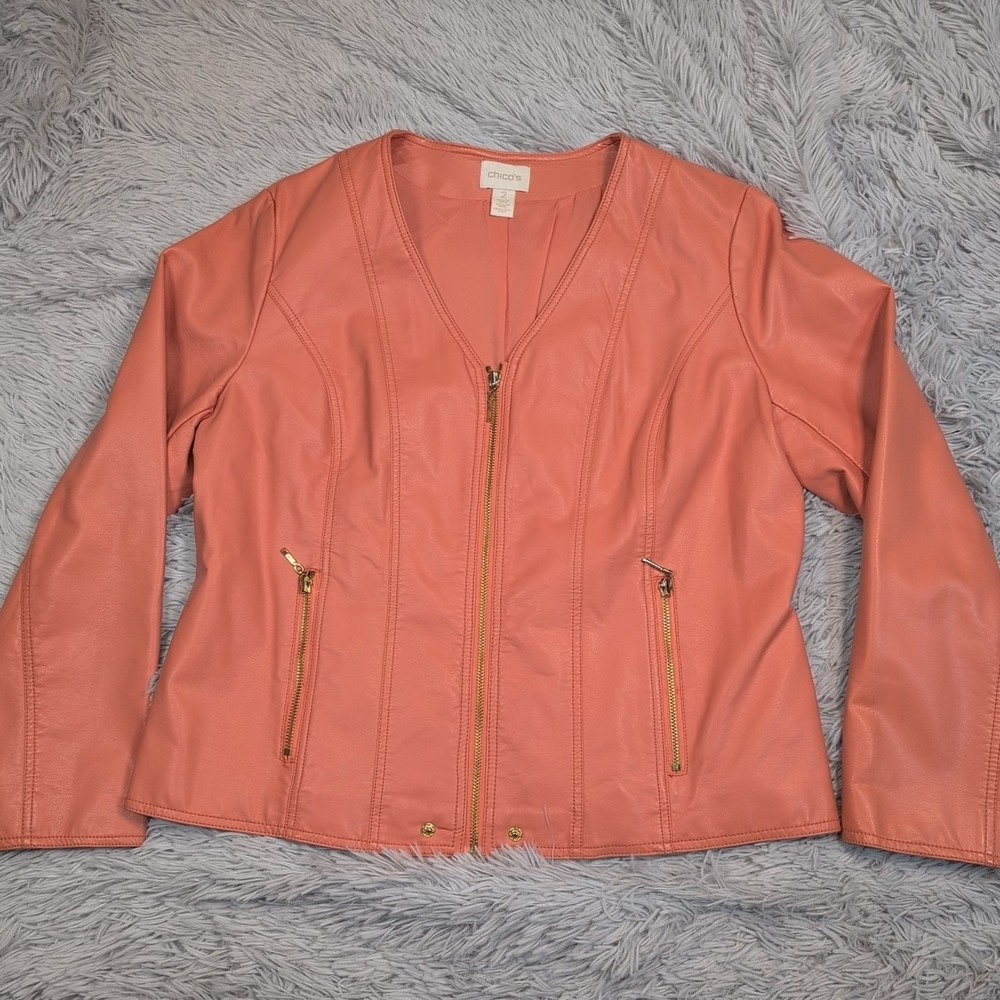 Chico's‎ Jacket Womens 2 Faux Leather Zip Up Coat Preppy Comfort Softshell